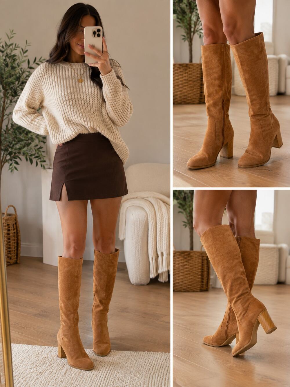 Women's Camel Knee High Block Heel Boots Size 7 New Faux Suede Side Zip NEW